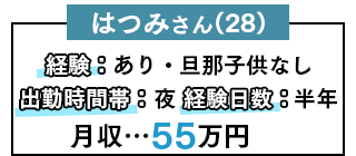 はつみさん(28)・経験あり/旦那子供なし・夜出勤・月収55万円